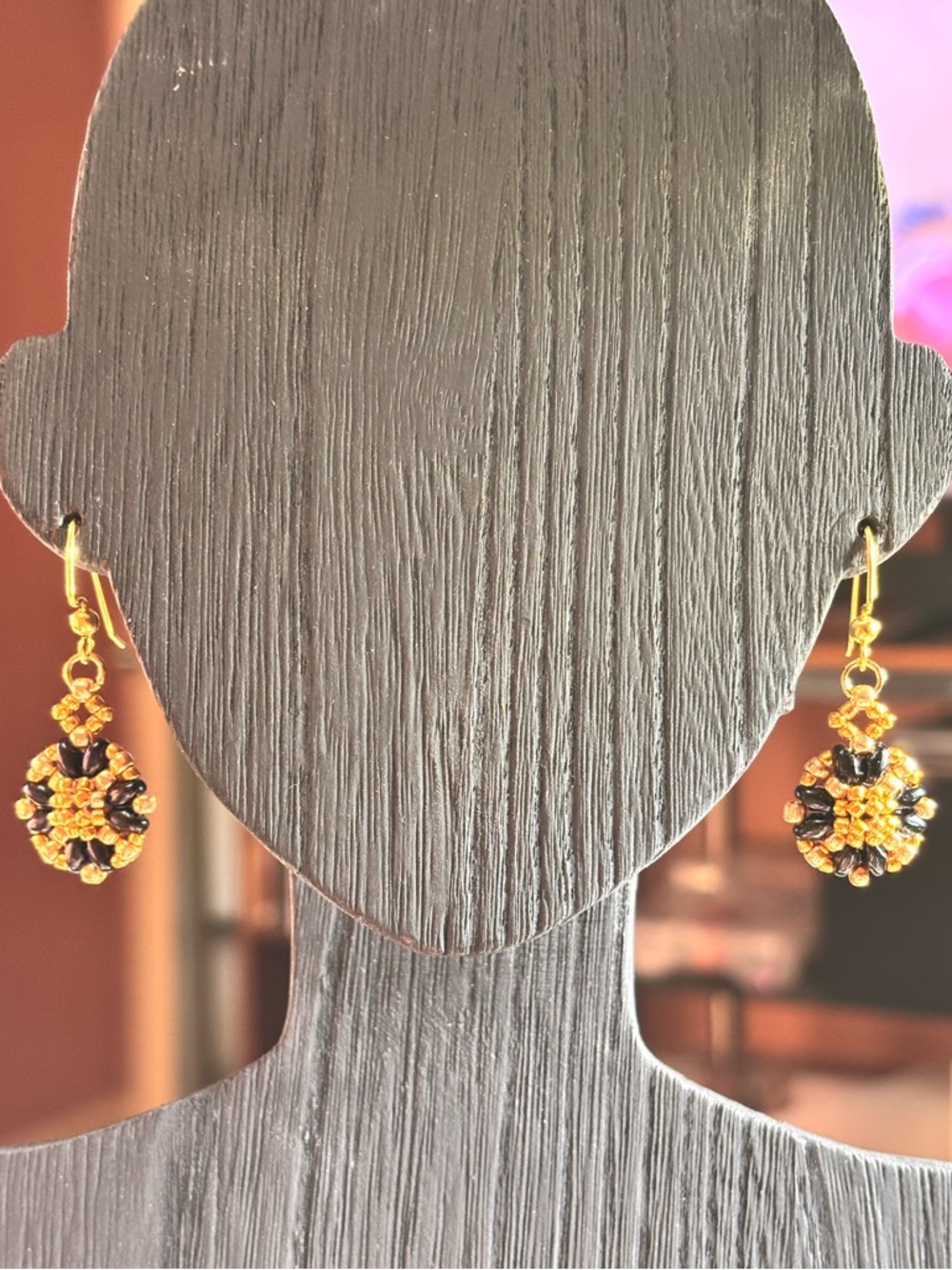 Gold and Black Beaded Drop Pierced Earrings - 2 inches - Picture 6 of 6